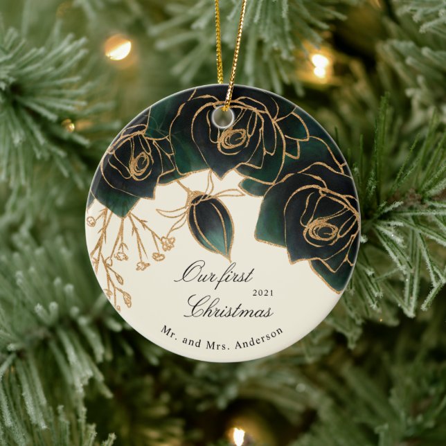 Gold and Green Roses Our First Christmas Photo Ceramic Ornament (Tree)