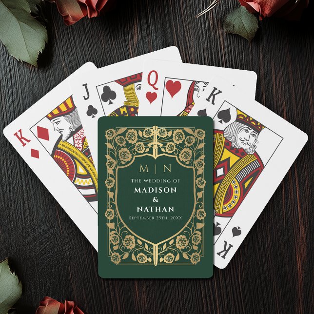 Gold and Green Royal Sword Shield Wedding Favor Poker Cards (Creator Uploaded)