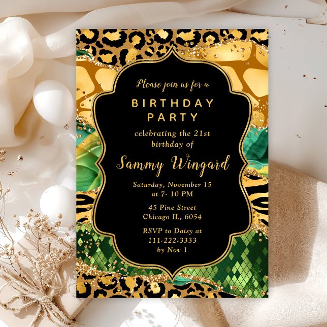 Gold and Green Safari Agate Birthday Invitation (Creator Uploaded)