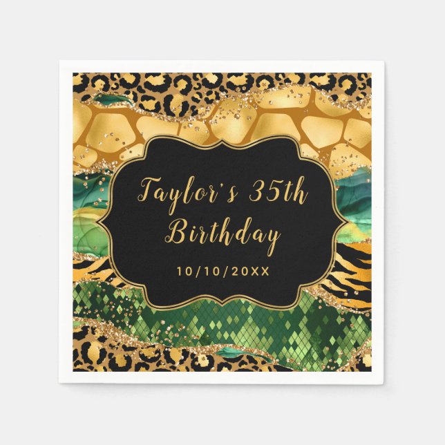 Gold and Green Safari Agate Birthday Napkins (Front)