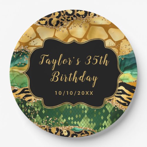 Gold and Green Safari Agate Birthday Paper Plates