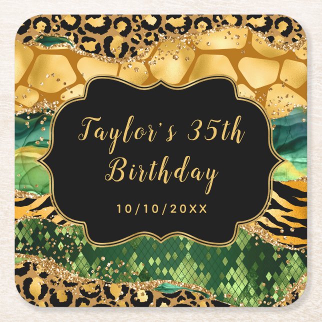 Gold and Green Safari Agate Birthday Square Paper Coaster (Front)