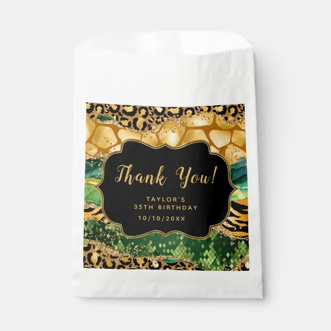 Gold and Green Safari Agate Birthday Thank You Favor Bag (Front)