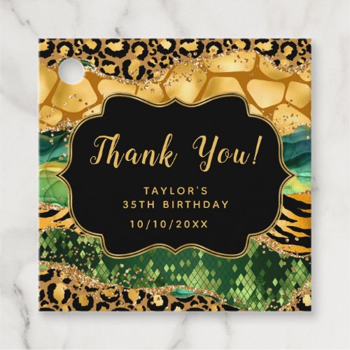 Gold and Green Safari Agate Birthday Thank You Favor Tags