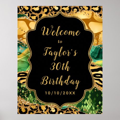Gold and Green Safari Agate Birthday Welcome Poster