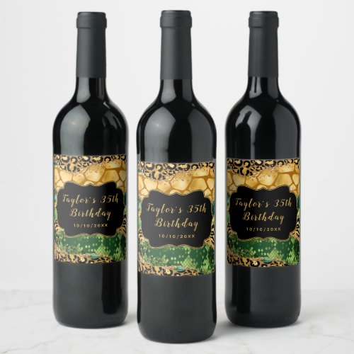 Gold and Green Safari Agate Birthday Wine Label