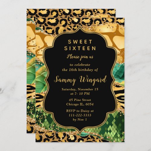 Gold and Green Safari Agate Sweet Sixteen Invitation