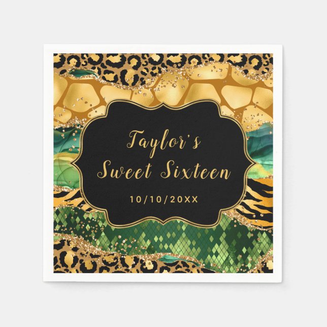 Gold and Green Safari Agate Sweet Sixteen Napkins (Front)