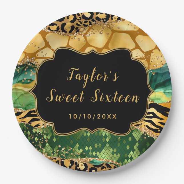 Gold and Green Safari Agate Sweet Sixteen Paper Plates (Front)