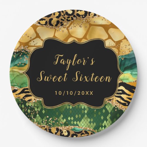 Gold and Green Safari Agate Sweet Sixteen Paper Plates