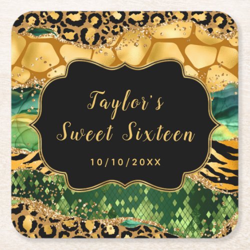 Gold and Green Safari Agate Sweet Sixteen Square Paper Coaster