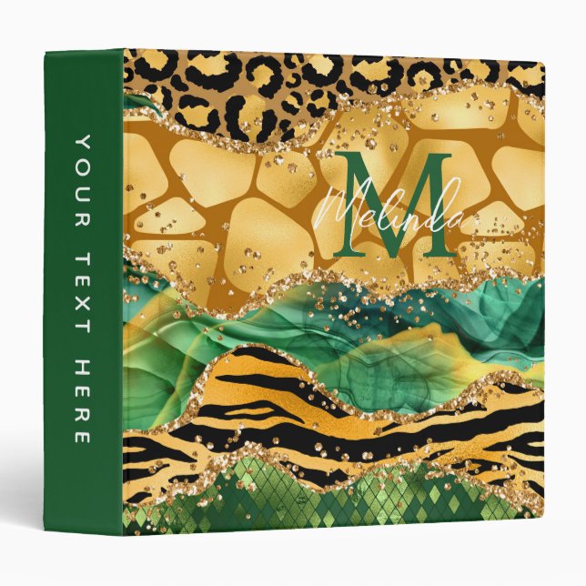 Gold and Green Safari Animal Print Agate 3 Ring Binder (Front/Spine)