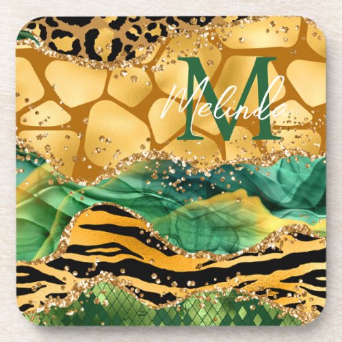 Gold and Green Safari Animal Print Agate Beverage Coaster
