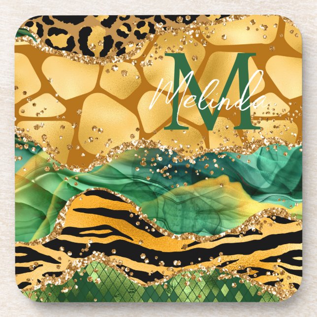 Gold and Green Safari Animal Print Agate Beverage Coaster (Front)