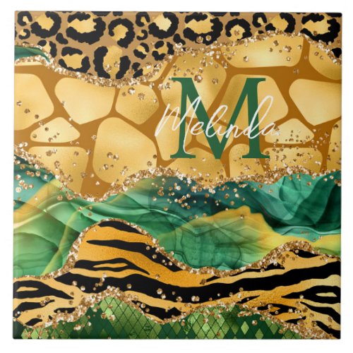 Gold and Green Safari Animal Print Agate Ceramic Tile