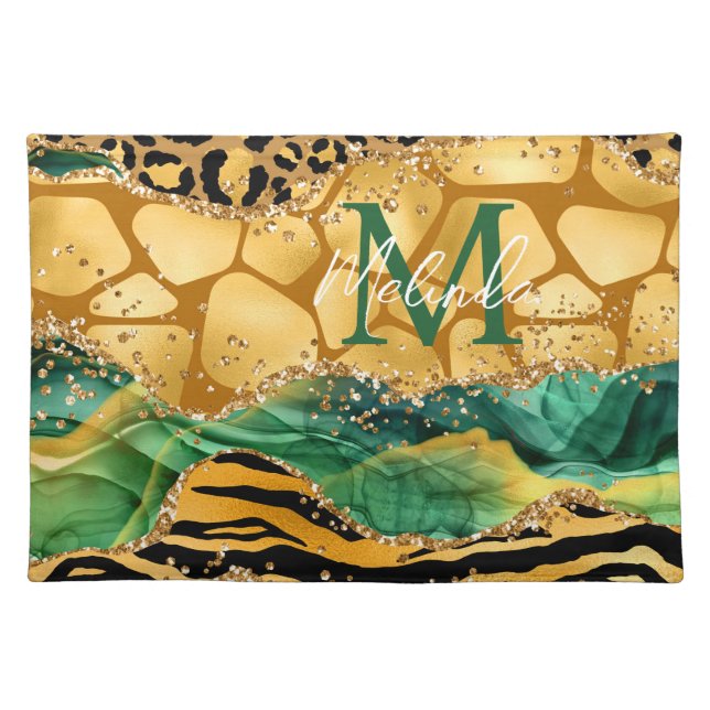 Gold and Green Safari Animal Print Agate Cloth Placemat (Front)
