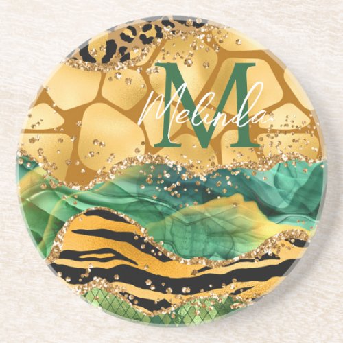 Gold and Green Safari Animal Print Agate Coaster