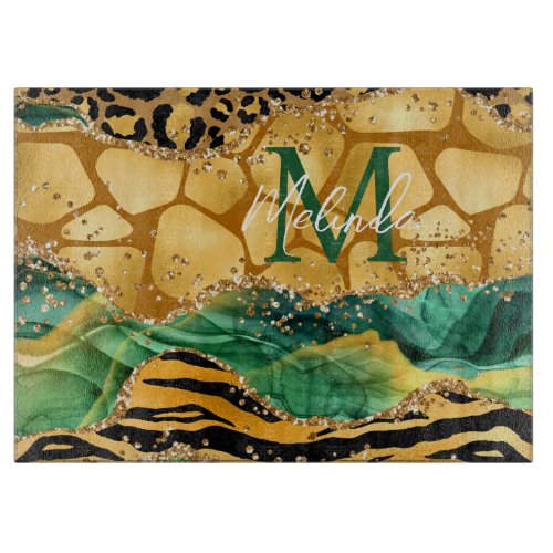 Gold and Green Safari Animal Print Agate Cutting Board