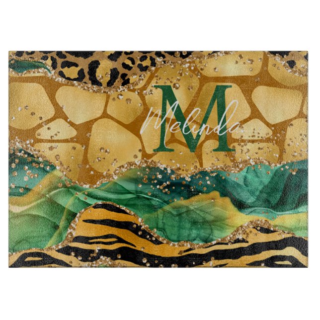 Gold and Green Safari Animal Print Agate Cutting Board (Front)