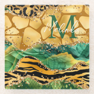 Gold and Green Safari Animal Print Agate Glass Coaster