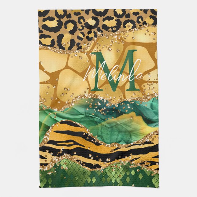 Gold and Green Safari Animal Print Agate Kitchen Towel (Vertical)