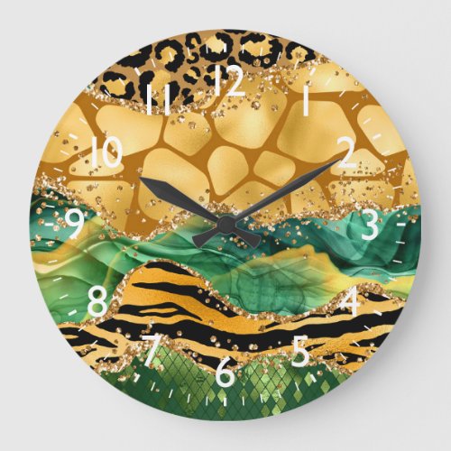 Gold and Green Safari Animal Print Agate Large Clock