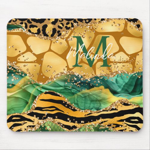 Gold and Green Safari Animal Print Agate Mouse Pad