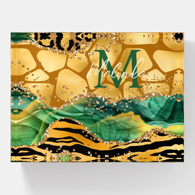 Gold and Green Safari Animal Print Agate Paperweight (Front)