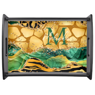 Gold and Green Safari Animal Print Agate Serving Tray