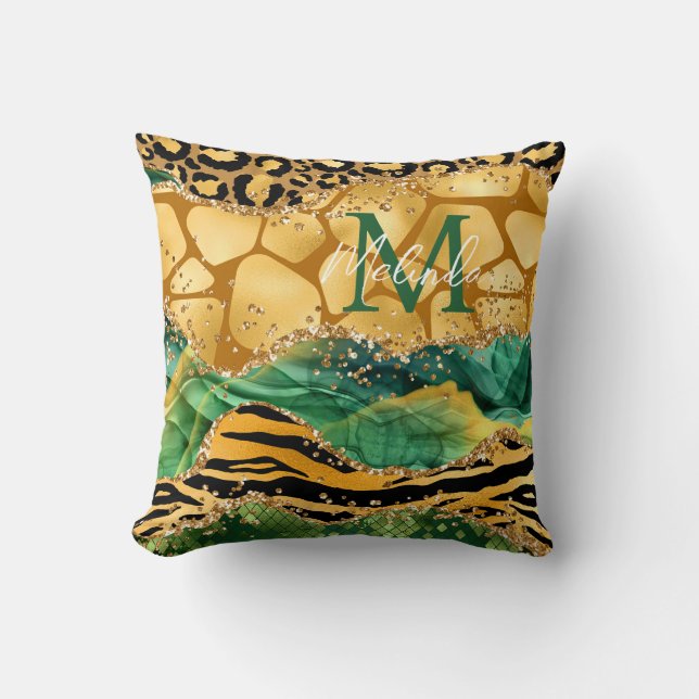 Gold and Green Safari Animal Print Agate Throw Pillow (Front)
