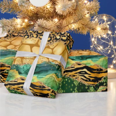 Gold and Green Safari Animal Print Agate Wrapping Paper