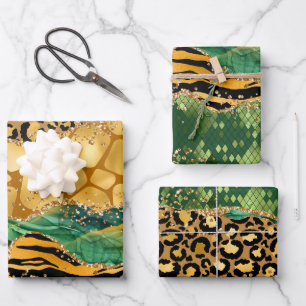 Gold and Green Safari Animal Print Agate Wrapping Paper Sheets