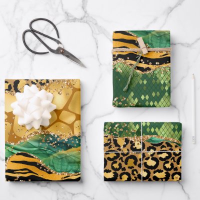 Gold and Green Safari Animal Print Agate Wrapping Paper Sheets