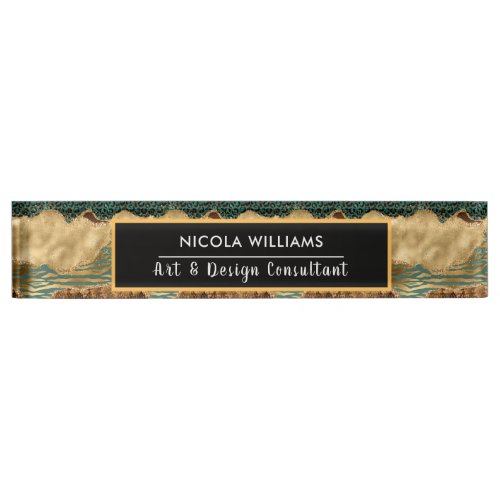 Gold and Green Safari Jungle Animal Print Agate Desk Name Plate