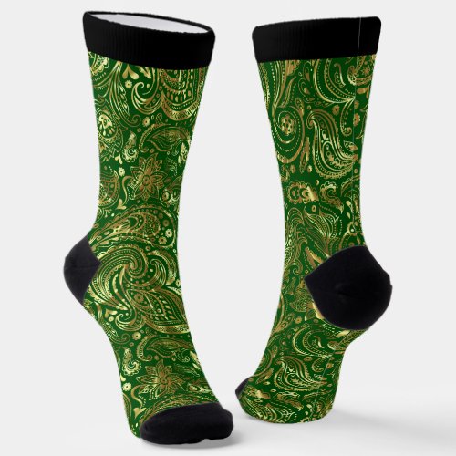 Gold and green vintage floral paisley pattern socks