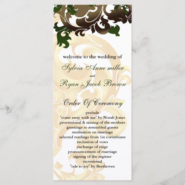 gold and green Wedding program (Front)