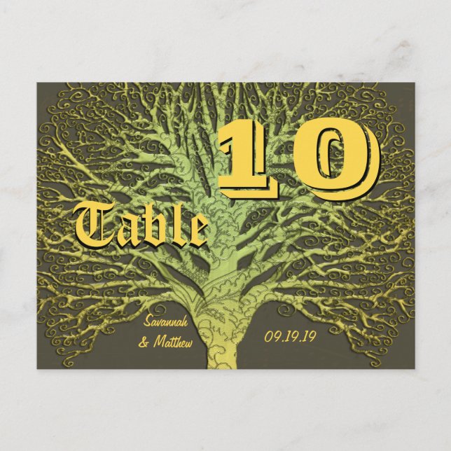 Gold and Green Yellow Damask Tree Table Number (Front)