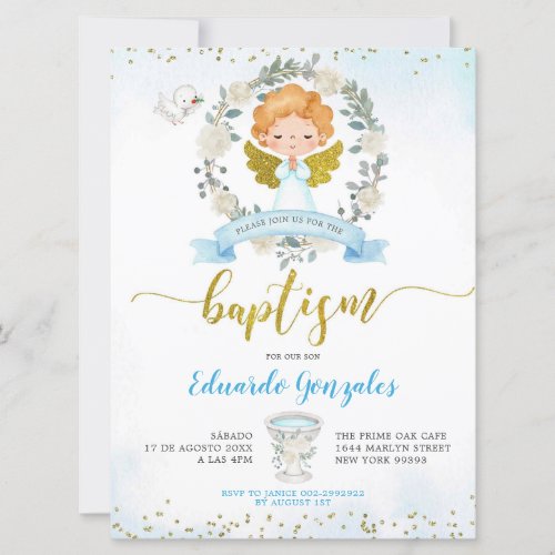 Gold and Greenery Blonde Boy Angel Baptism Invite