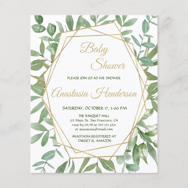 Gold and Greenery/BUDGET- Baby Shower Invitation. Flyer (Front)