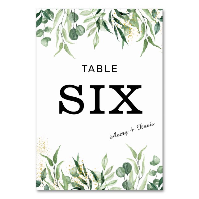 Gold and Greenery Wedding for Table Number Card. (Front)