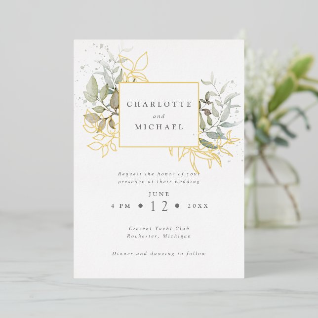 Gold and greens watercolor foliage wedding foil invitation (Standing Front)