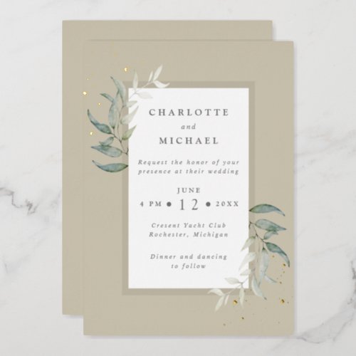 Gold and greens watercolor leaves wedding foil invitation