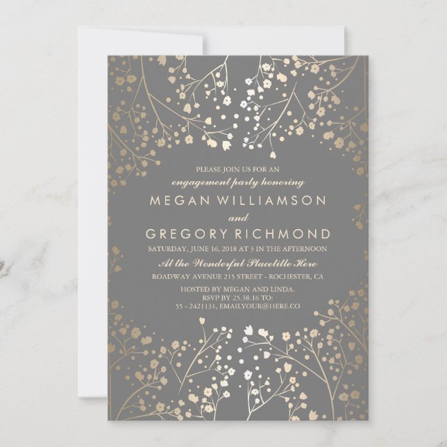Gold and Grey Baby's Breath Engagement Party Invitation (Front)