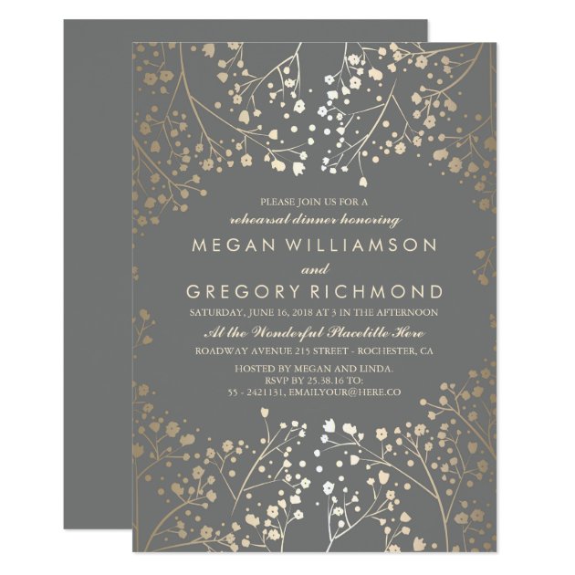 Gold And Grey Baby's Breath Rehearsal Dinner Invitation