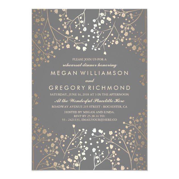 Gold And Grey Baby's Breath Rehearsal Dinner Invitation