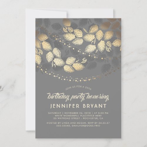 Gold and Grey Elegant Tree Lights Birthday Party Invitation - Elegant tree leaves and string of lights gold and grey birthday party invitations