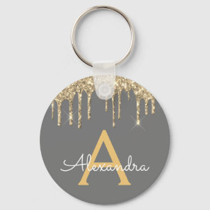 Gold and Grey Girly Sparkly Glitter Monogram Keychain