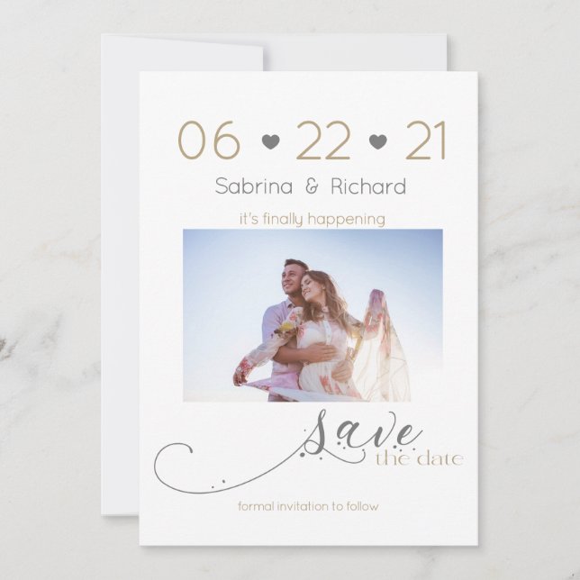 Gold and Grey One Photo Minimalist Save the Date (Front)