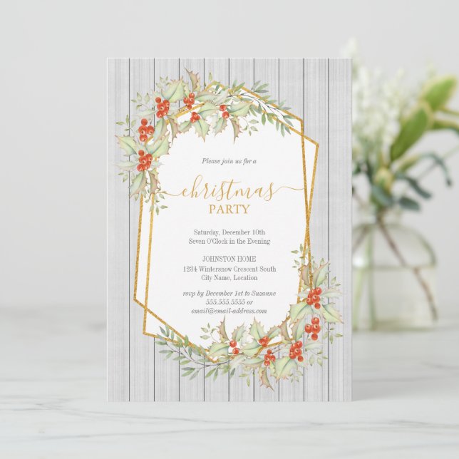 Gold and Holly | Geometric Country Rustic Holiday Invitation (Standing Front)