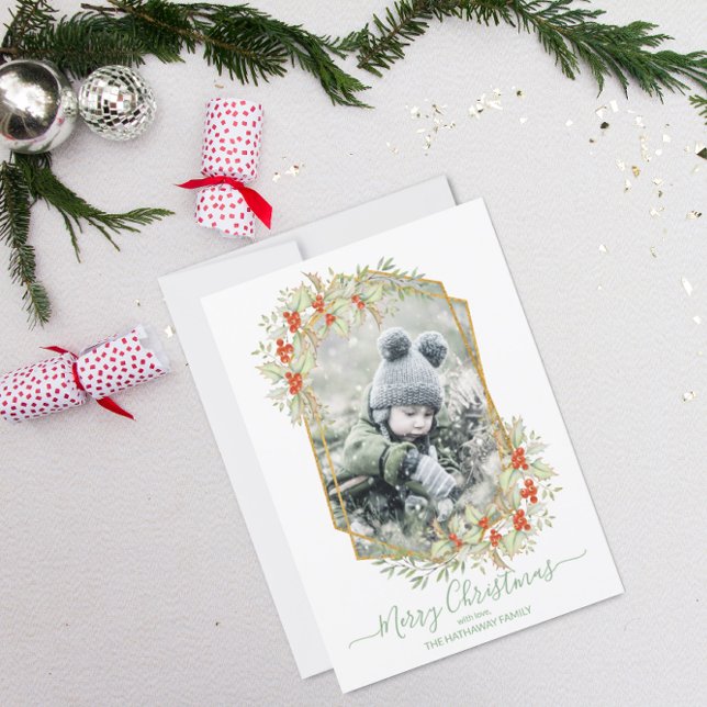 Gold and Holly | Geometric Photo Frame Holiday Card (Creator Uploaded)